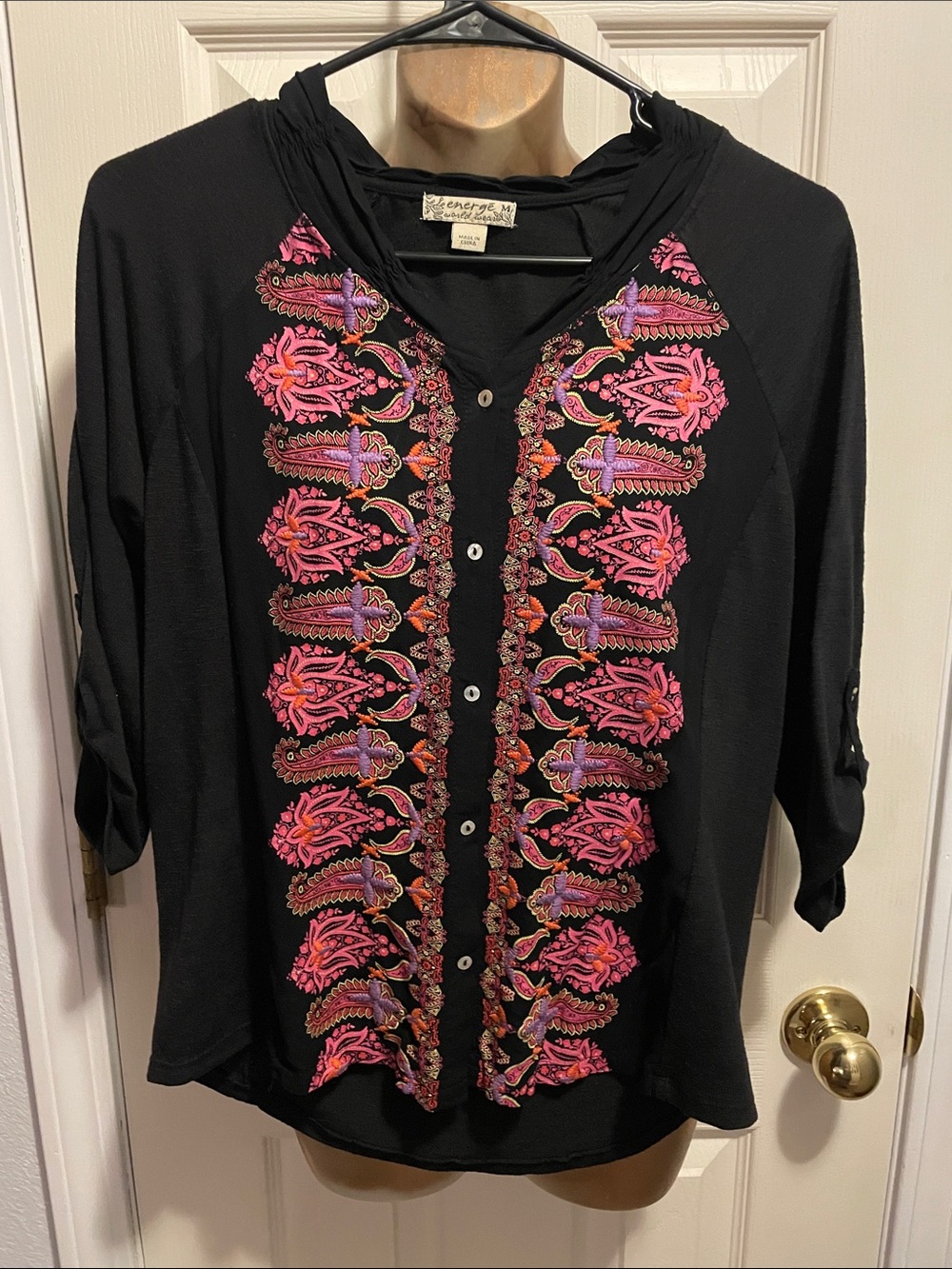 Energy Muse Black Button-Front Top with Pink Embroidered Panels